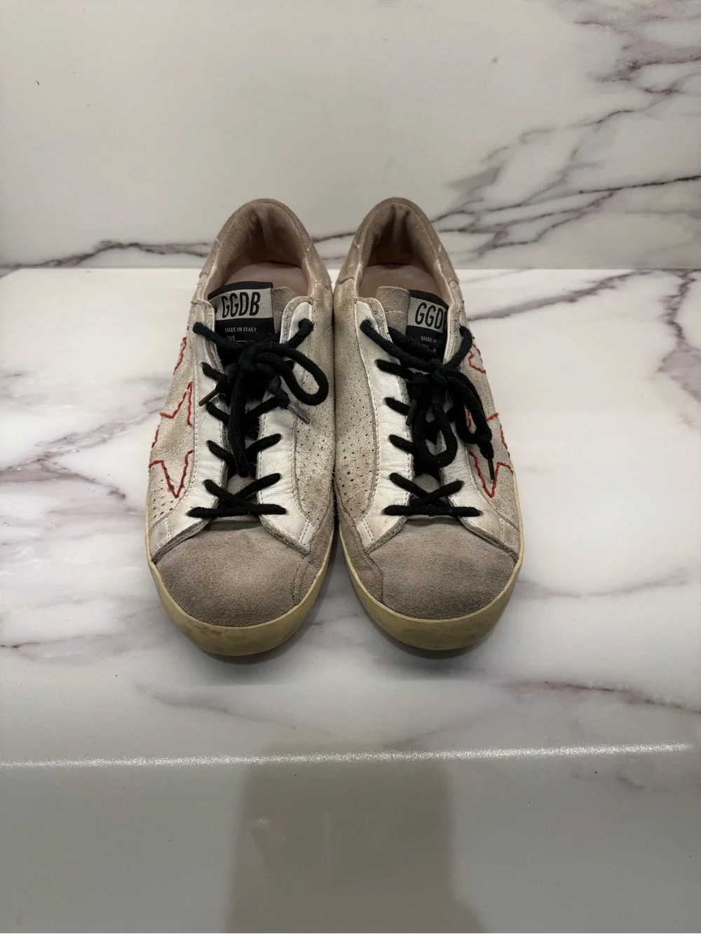 Golden Goose Suede Star & Heart Sneakers with Red Stitching